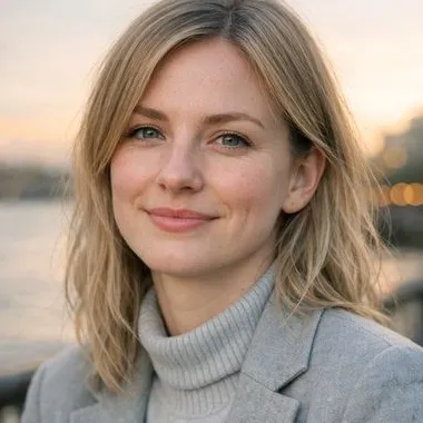 Woman in late twenties, ash-blonde hair, light eyes, calm expression, gray turtleneck