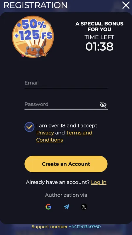 Richy Leo registration screen with bonus offer